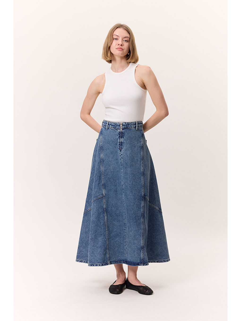 Volanlı Denim Etek Mavi-1