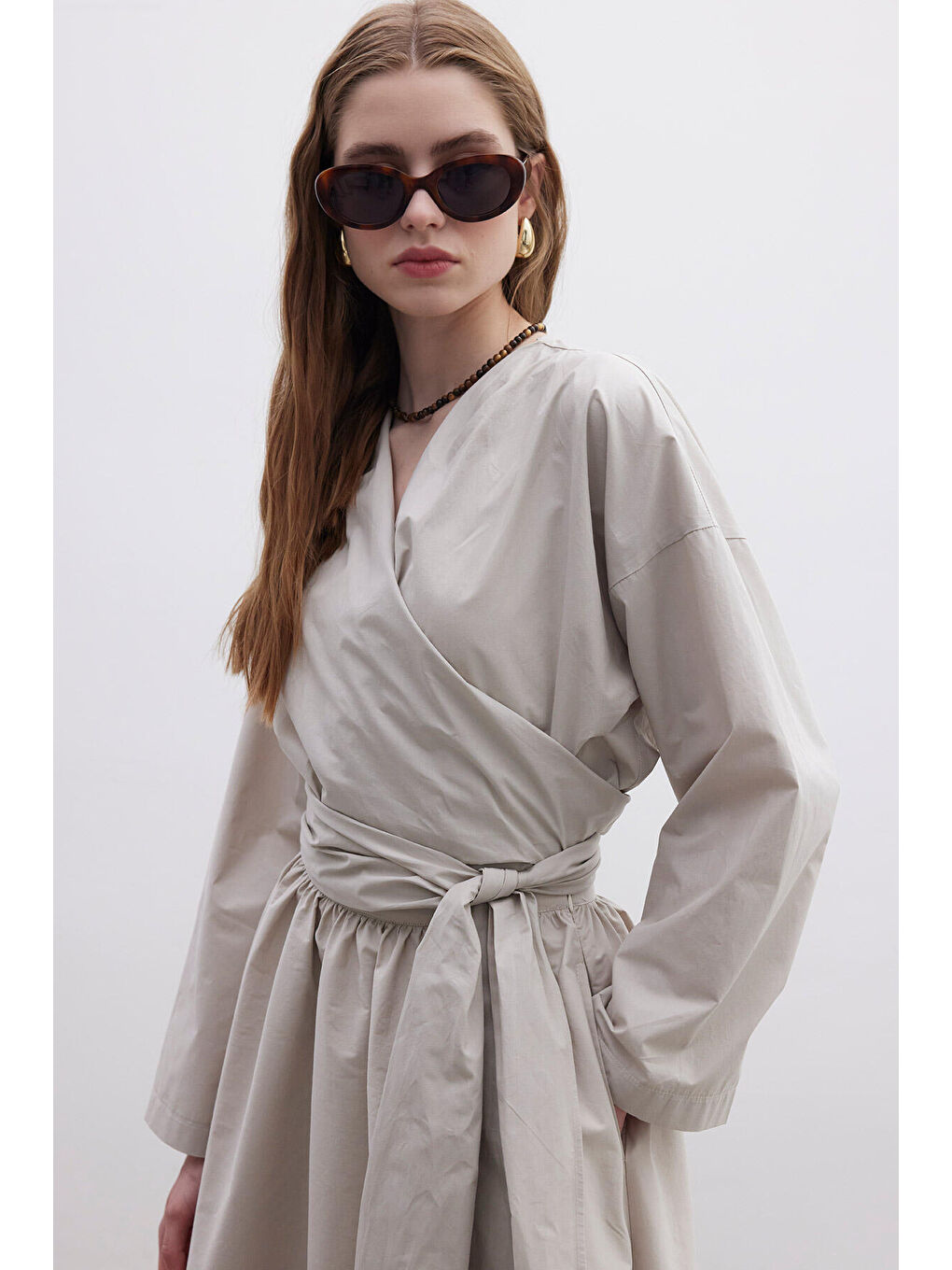 Bej Kimono Tarz Premium Bluz Taş-6