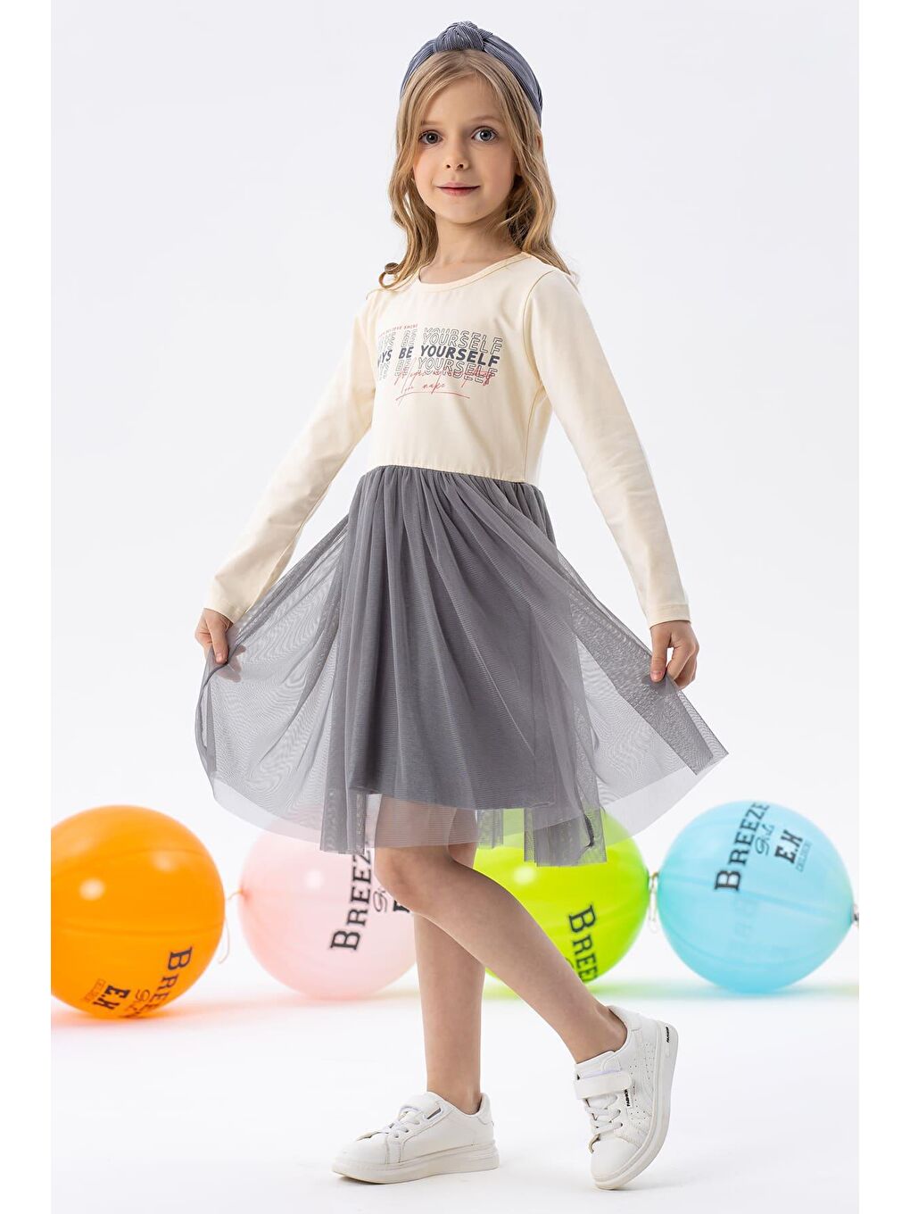 Ekru Kız Çocuk Uzun Kollu Elbise Tüllü Yazı Baskılı Krem (8-12 Yaş)