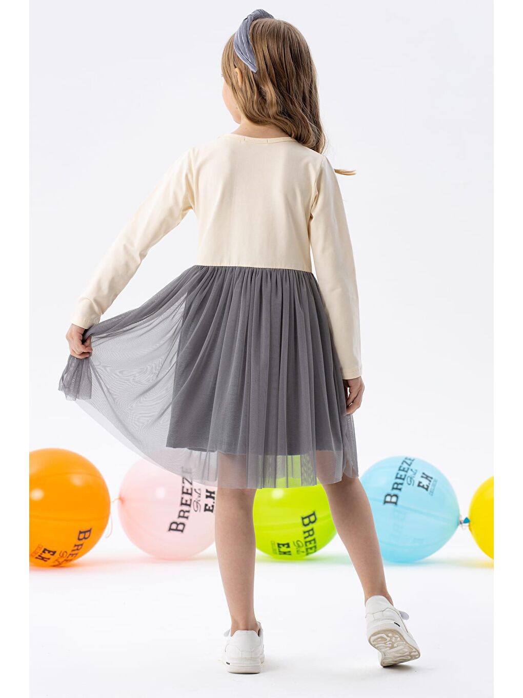 Ekru Kız Çocuk Uzun Kollu Elbise Tüllü Yazı Baskılı Krem (8-12 Yaş)-1