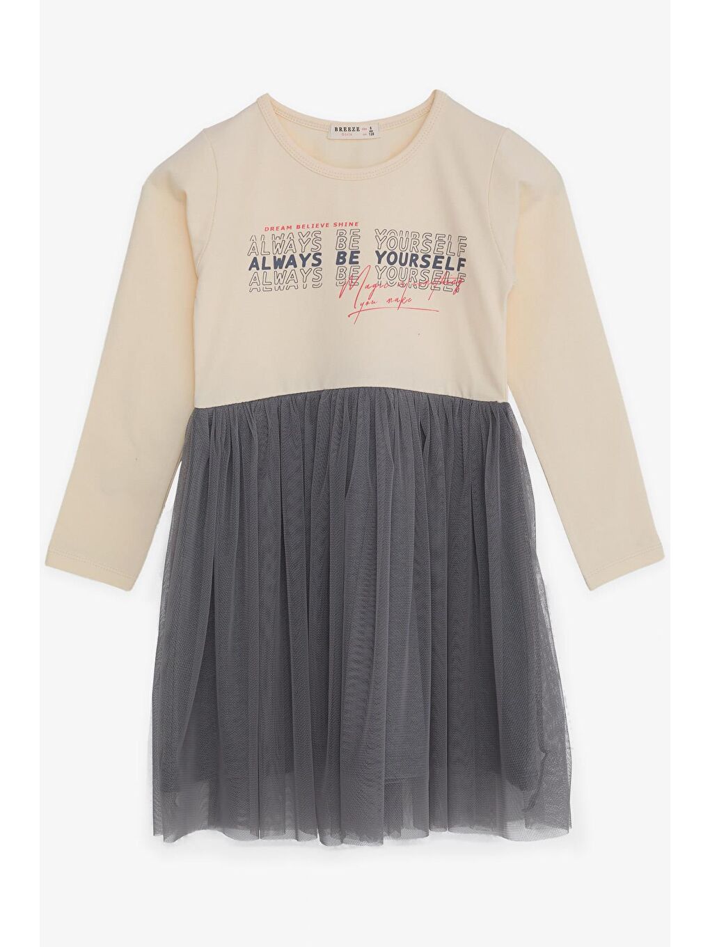 Ekru Kız Çocuk Uzun Kollu Elbise Tüllü Yazı Baskılı Krem (8-12 Yaş)-2