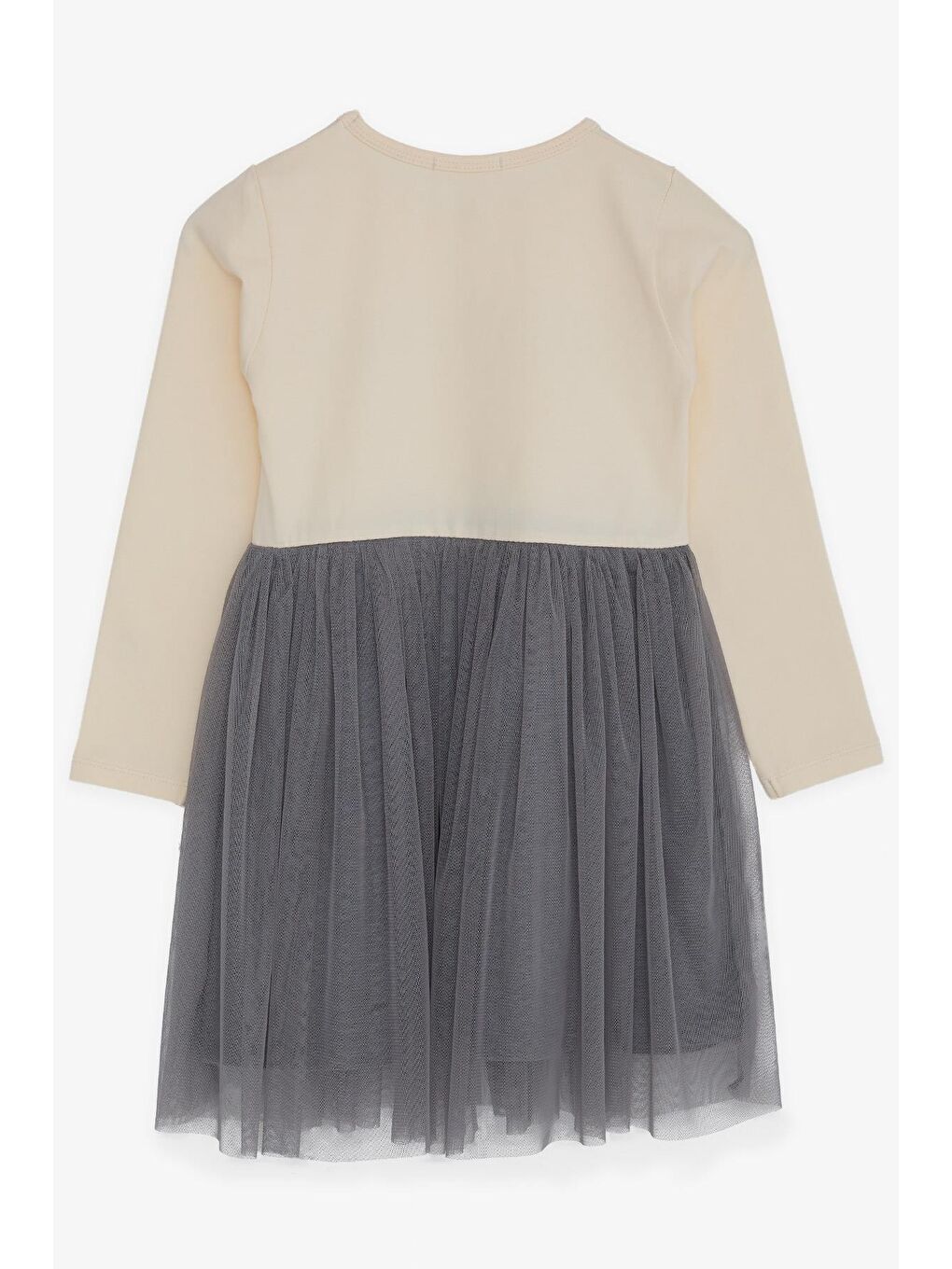 Ekru Kız Çocuk Uzun Kollu Elbise Tüllü Yazı Baskılı Krem (8-12 Yaş)-3