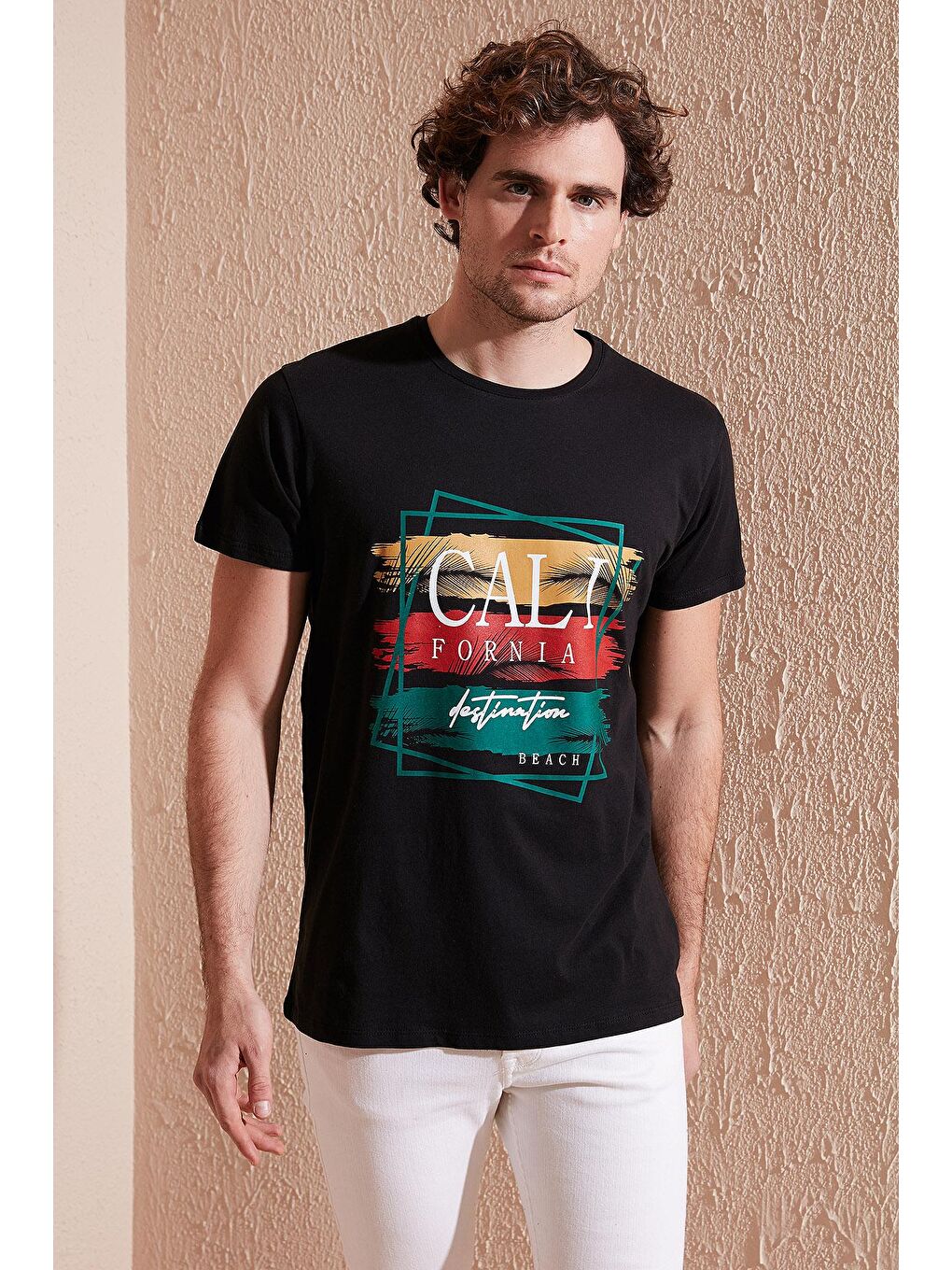 Siyah Baskılı %100 Pamuk Bisiklet Yaka Slim Fit Tişört 541CALIFORNIA