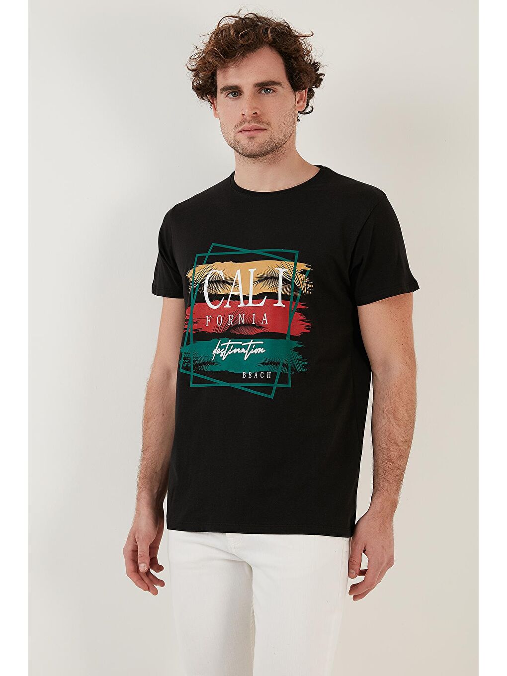 Siyah Baskılı %100 Pamuk Bisiklet Yaka Slim Fit Tişört 541CALIFORNIA-1