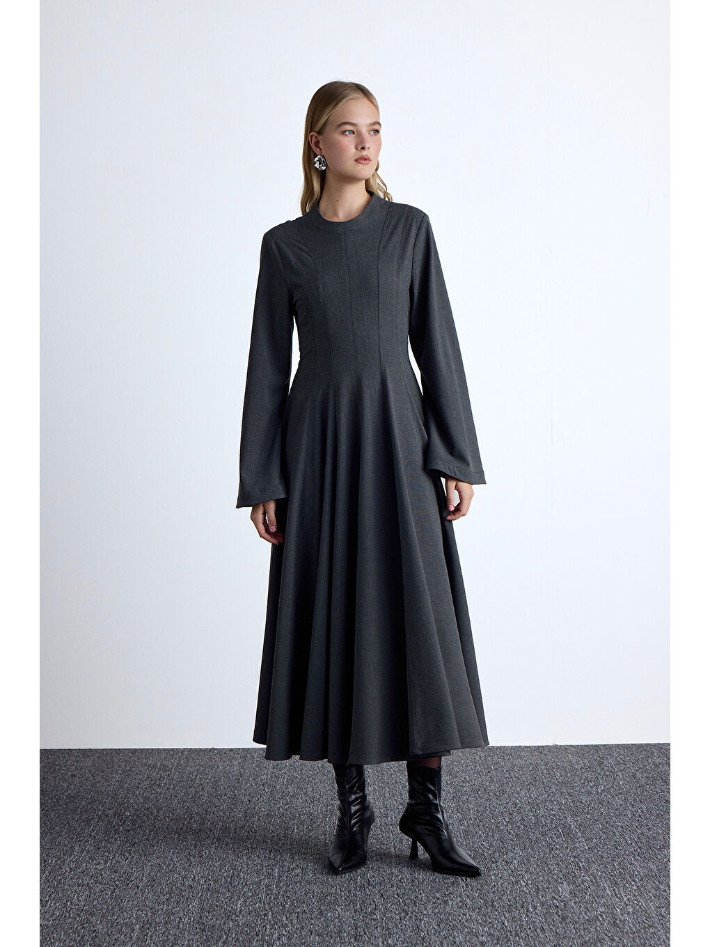 Volanlı Fit Uzun Elbise Antrasit-2