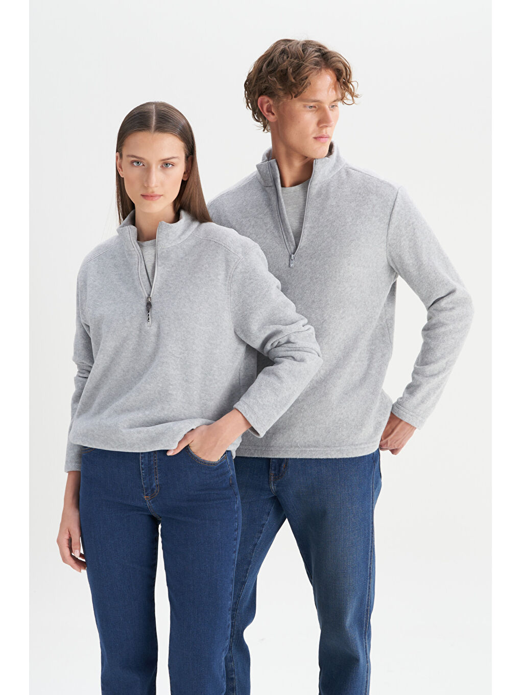 Erkek Gri Melanj Anti-Pilling Tüylenme Yapmayan Standart Fit Dik Yaka Polar Sweatshirt-1