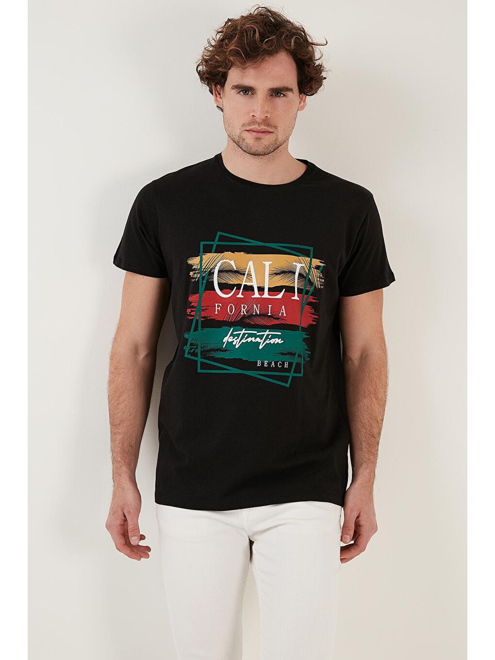 Siyah Baskılı %100 Pamuk Bisiklet Yaka Slim Fit Tişört 541CALIFORNIA-2