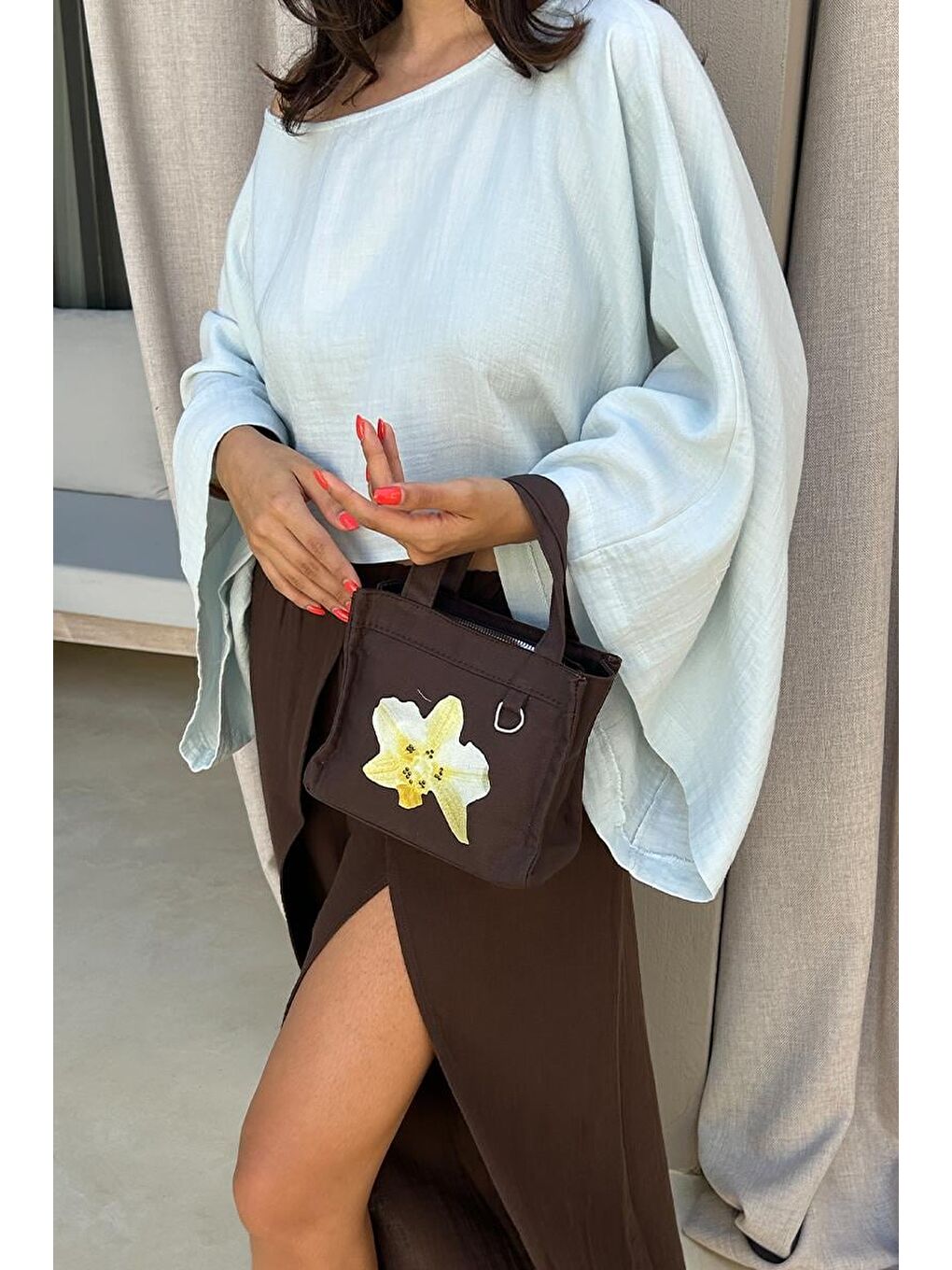 Salva Mini Desenli Kanvas Çapraz Çanta Kahverengi-5