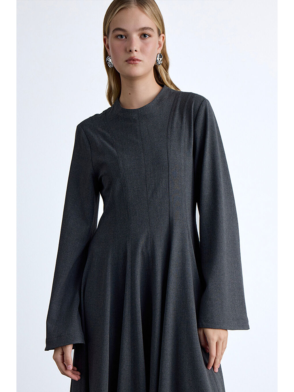 Volanlı Fit Uzun Elbise Antrasit-3