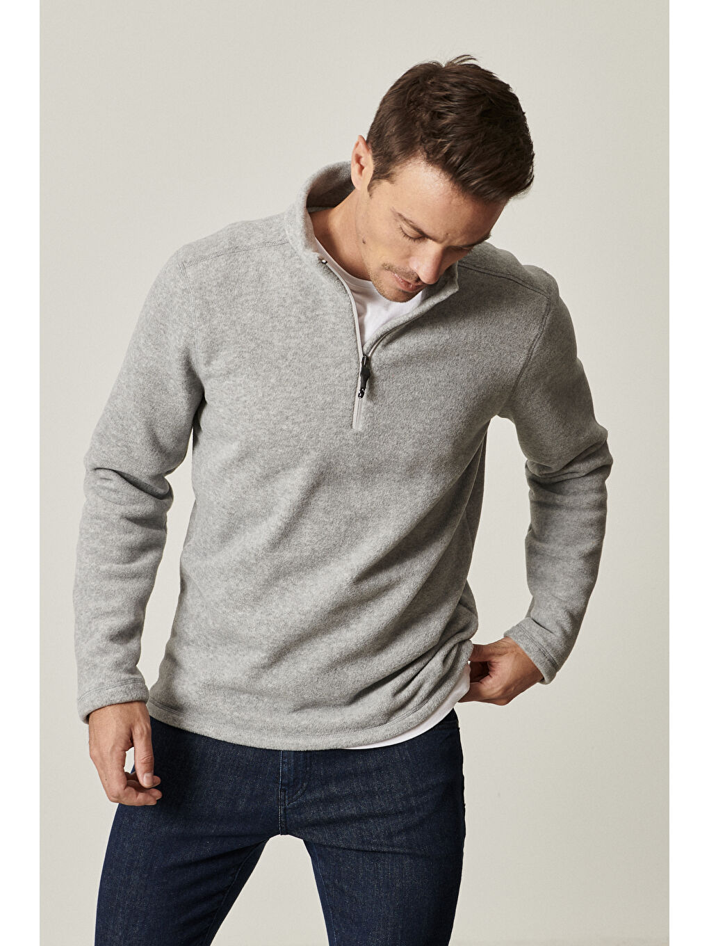 Erkek Gri Melanj Anti-Pilling Tüylenme Yapmayan Standart Fit Dik Yaka Polar Sweatshirt-3