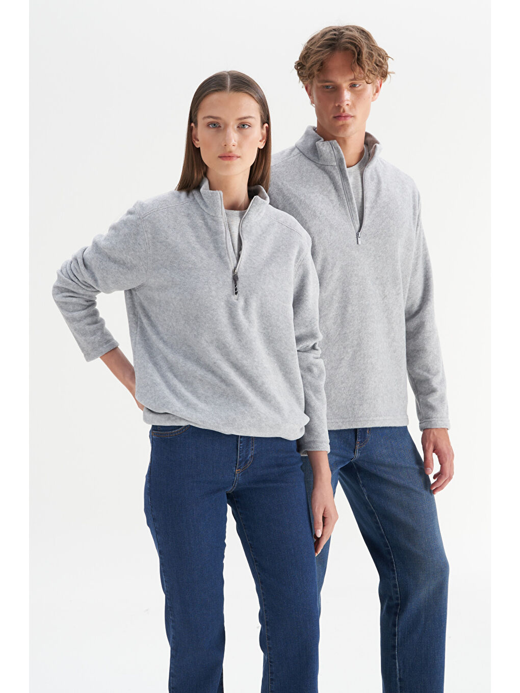 Erkek Gri Melanj Anti-Pilling Tüylenme Yapmayan Standart Fit Dik Yaka Polar Sweatshirt-4