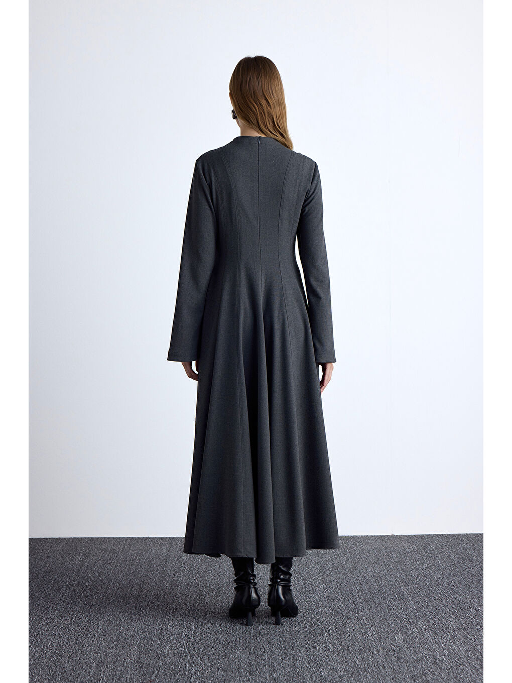 Volanlı Fit Uzun Elbise Antrasit-5