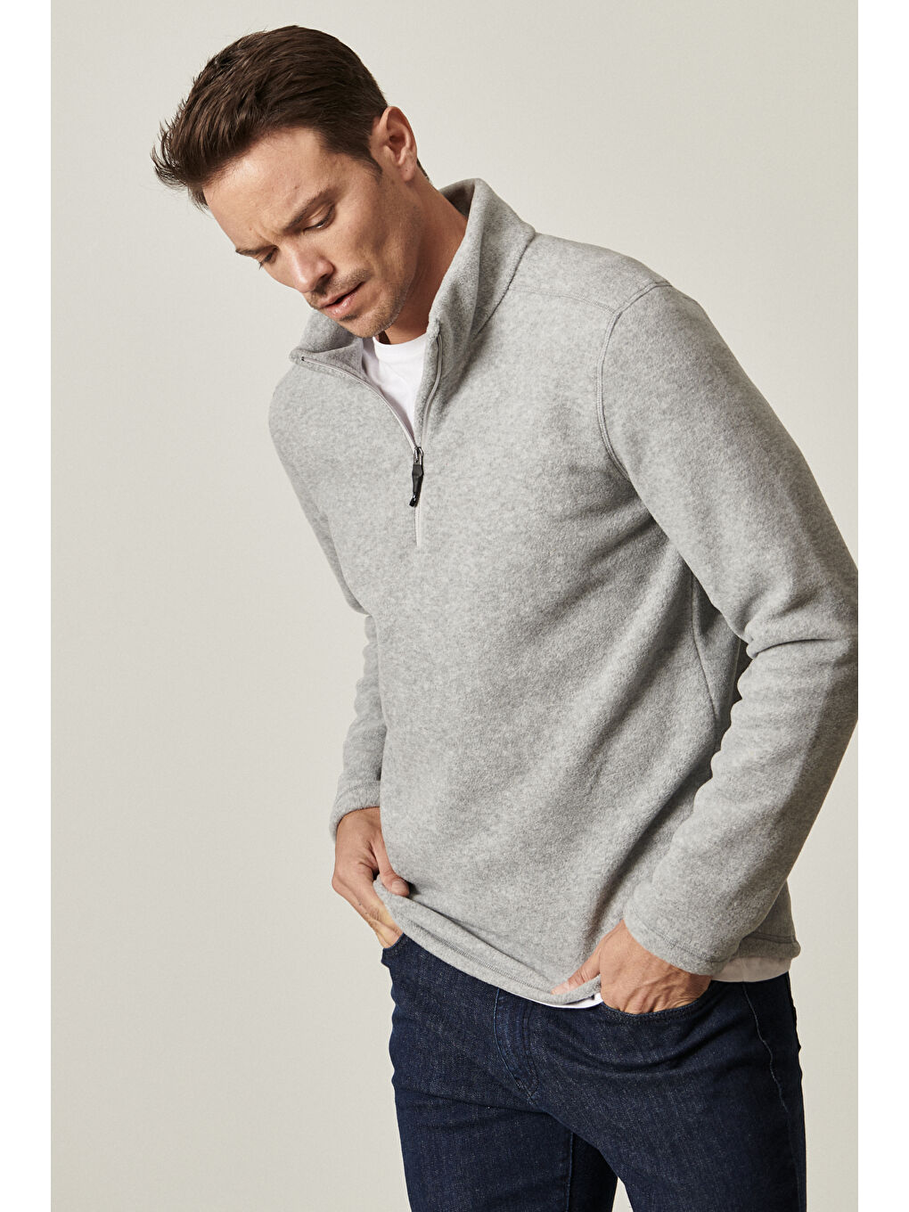 Erkek Gri Melanj Anti-Pilling Tüylenme Yapmayan Standart Fit Dik Yaka Polar Sweatshirt-7