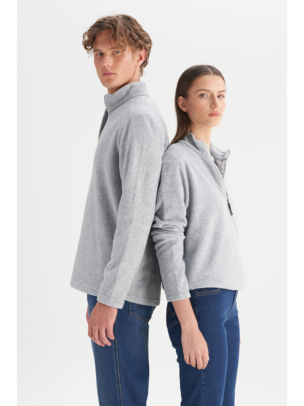 Erkek Gri Melanj Anti-Pilling Tüylenme Yapmayan Standart Fit Dik Yaka Polar Sweatshirt-8