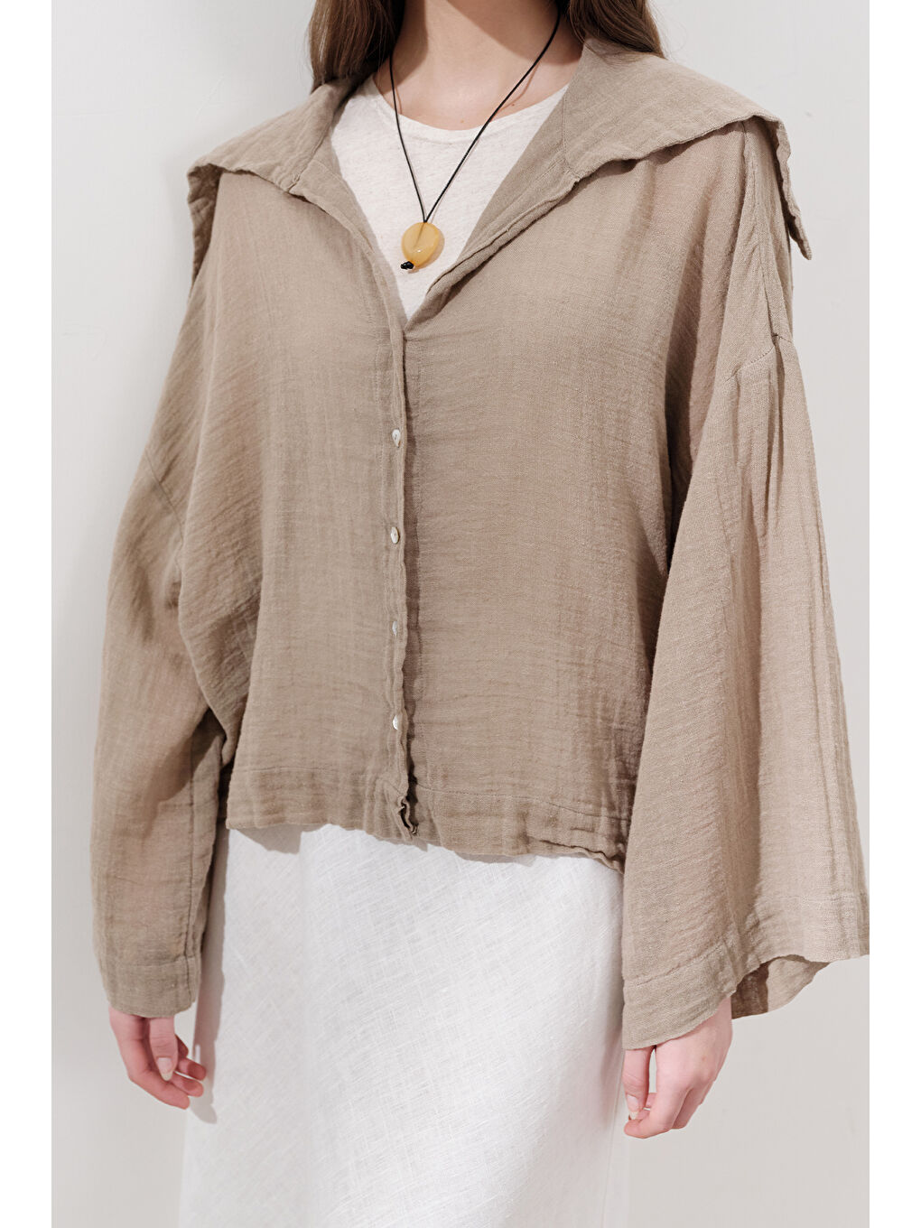 Keten Karışımlı Geniş Yakalı Gömlek Haki-2