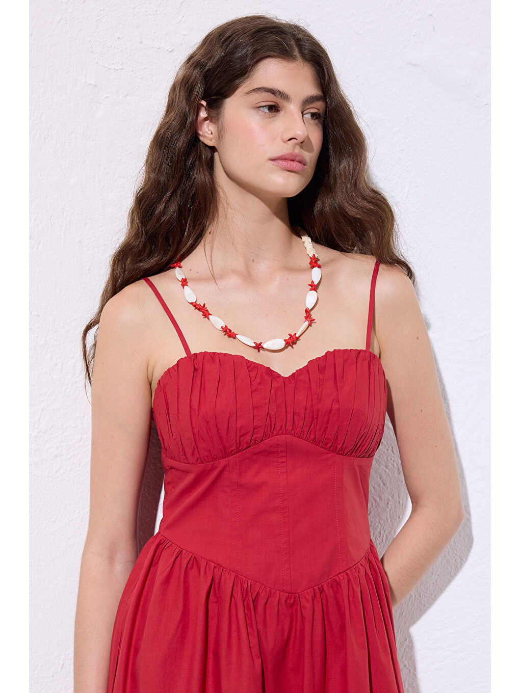 Büzgülü Korsajlı Elbise Kırmızı-4