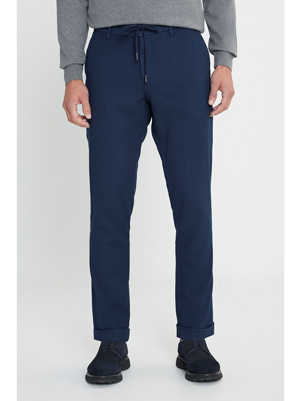 Erkek Lacivert Slim Fit Dar Kesim Beli Bağlamalı Esnek Pantolon-1