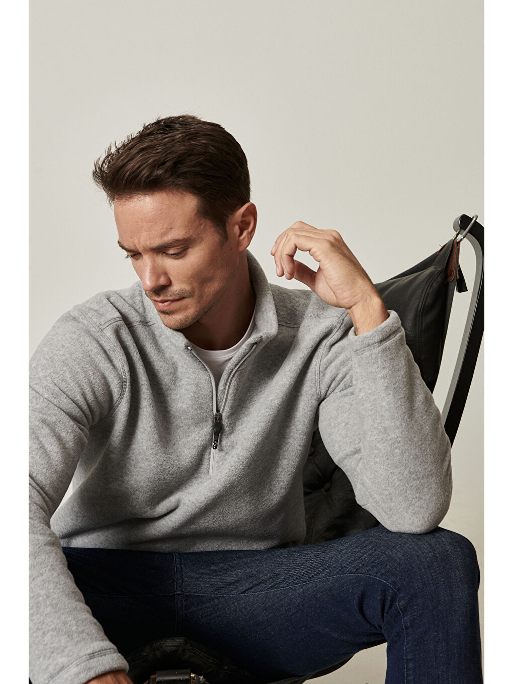 Erkek Gri Melanj Anti-Pilling Tüylenme Yapmayan Standart Fit Dik Yaka Polar Sweatshirt-9