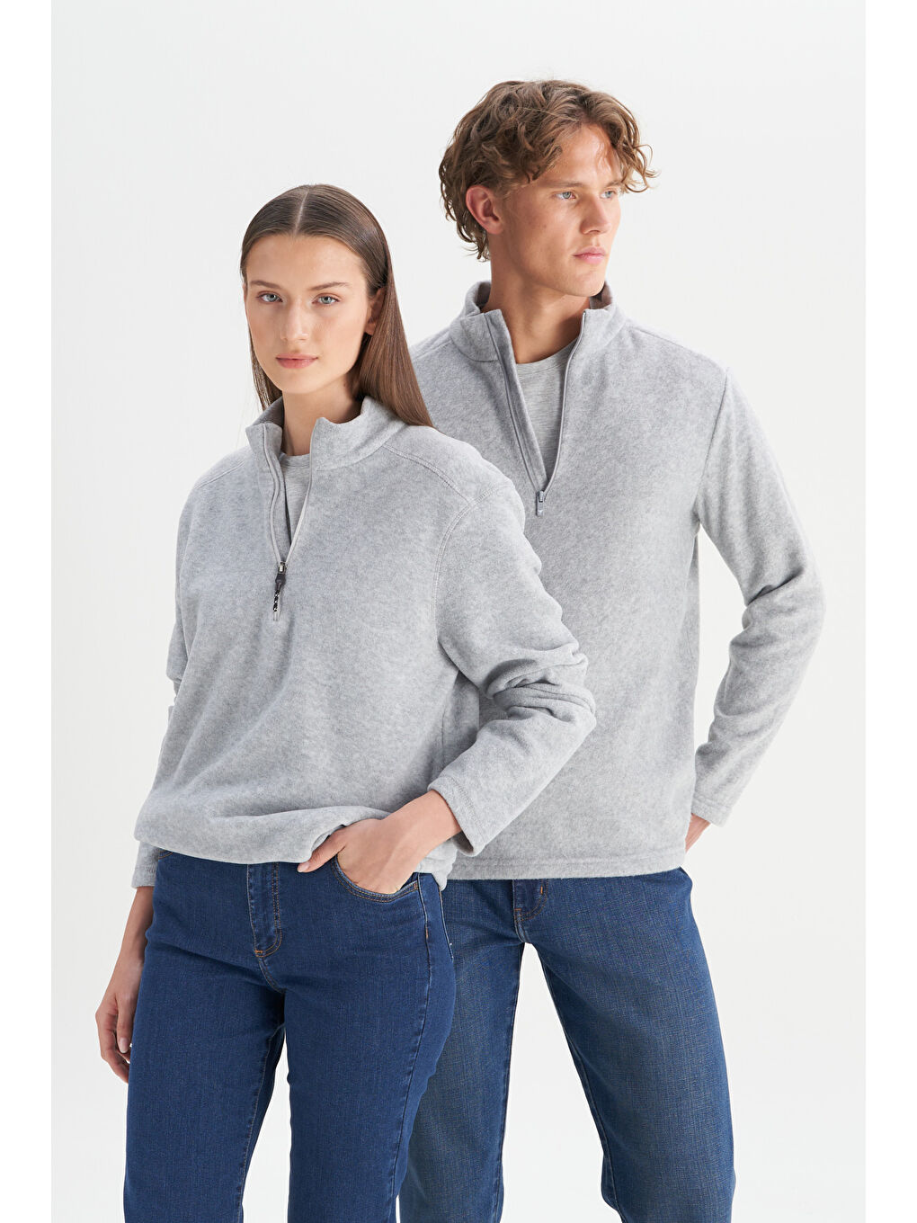 Erkek Gri Melanj Anti-Pilling Tüylenme Yapmayan Standart Fit Dik Yaka Polar Sweatshirt-10