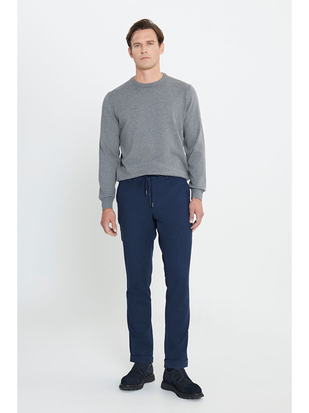 Erkek Lacivert Slim Fit Dar Kesim Beli Bağlamalı Esnek Pantolon-2