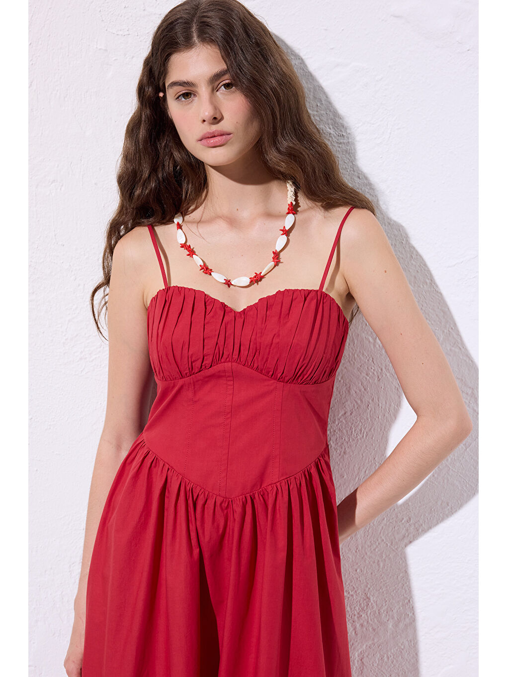 Büzgülü Korsajlı Elbise Kırmızı-5