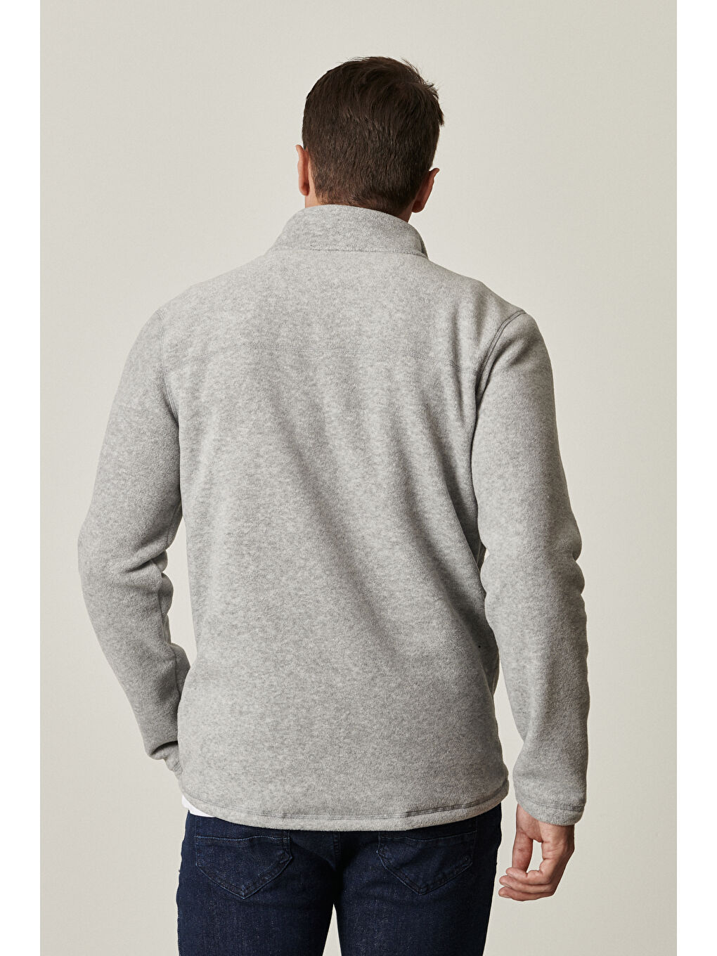 Erkek Gri Melanj Anti-Pilling Tüylenme Yapmayan Standart Fit Dik Yaka Polar Sweatshirt-11