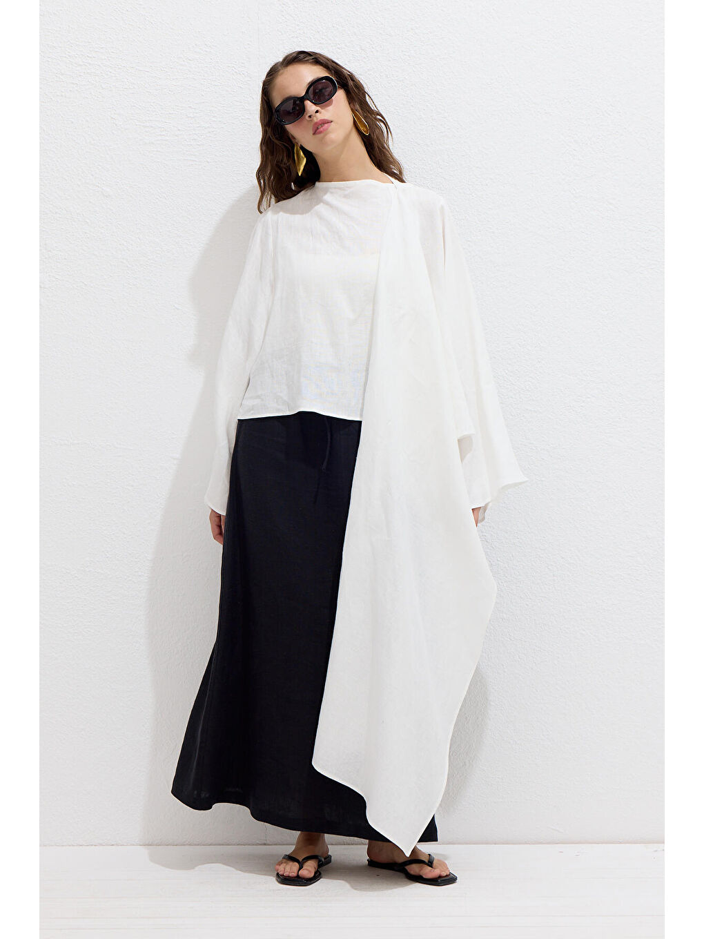 Asimetrik Keten Pelerin Bluz Ekru-6