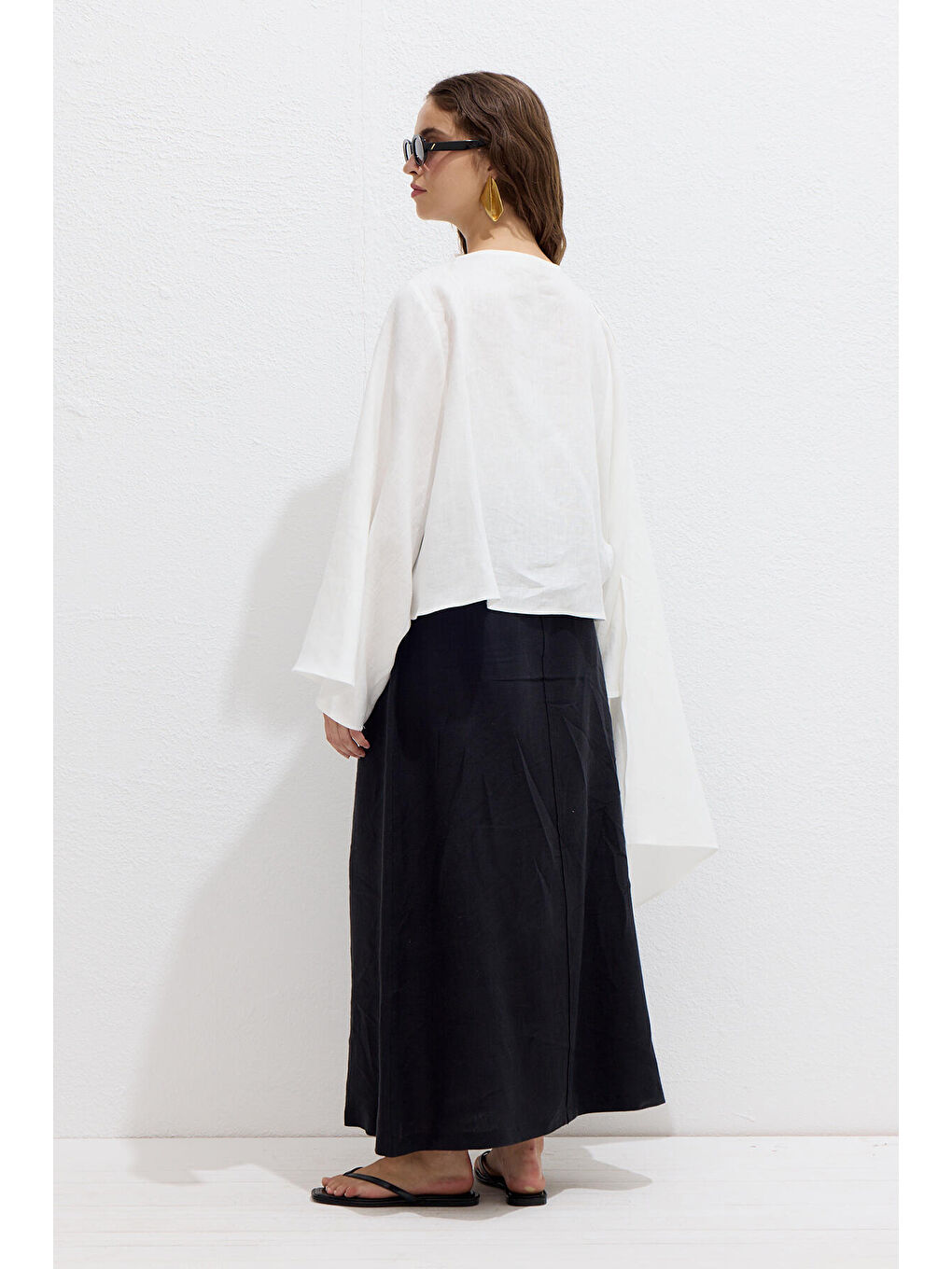 Asimetrik Keten Pelerin Bluz Ekru-7