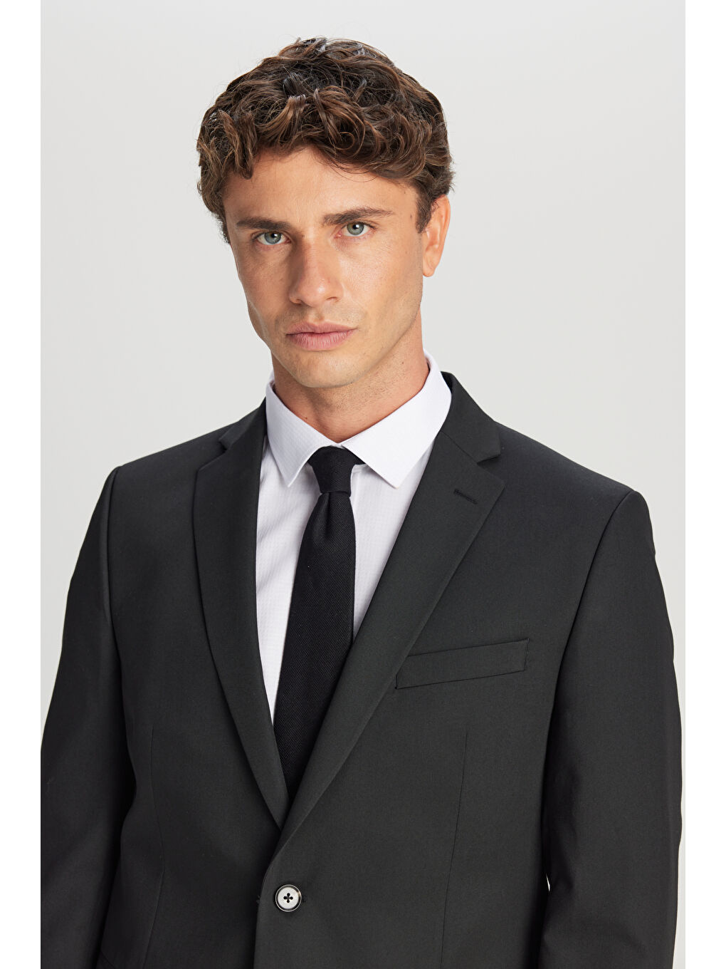 Erkek Siyah Slim Fit Dar Kesim Mono Yaka Takım Elbise-4