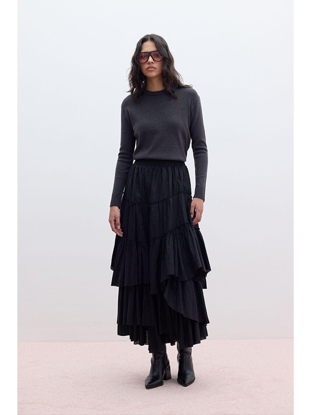 Katlı Boho Vual Etek Siyah-3