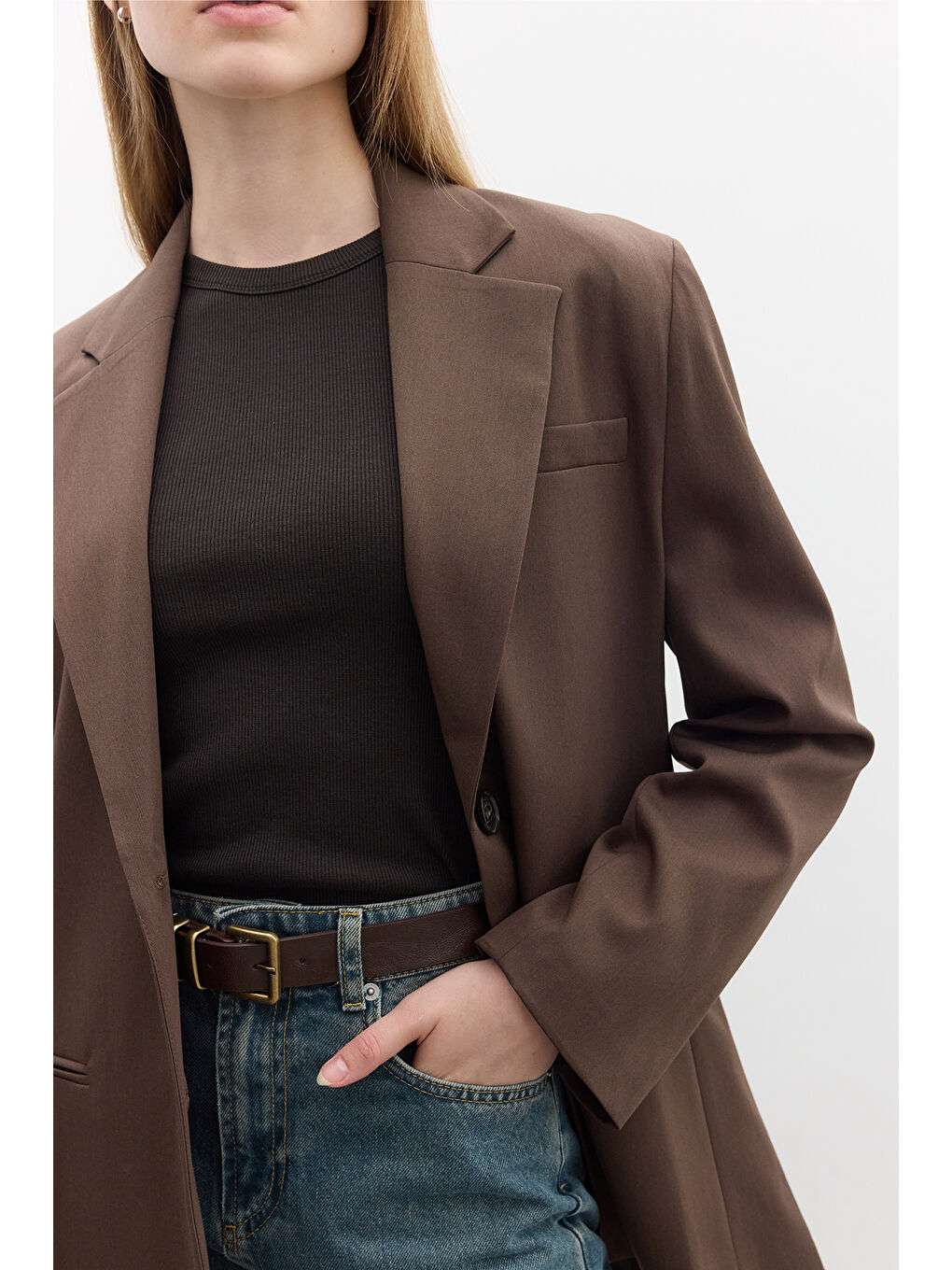 Klasik Kapamalı Blazer Ceket Kahverengi-5