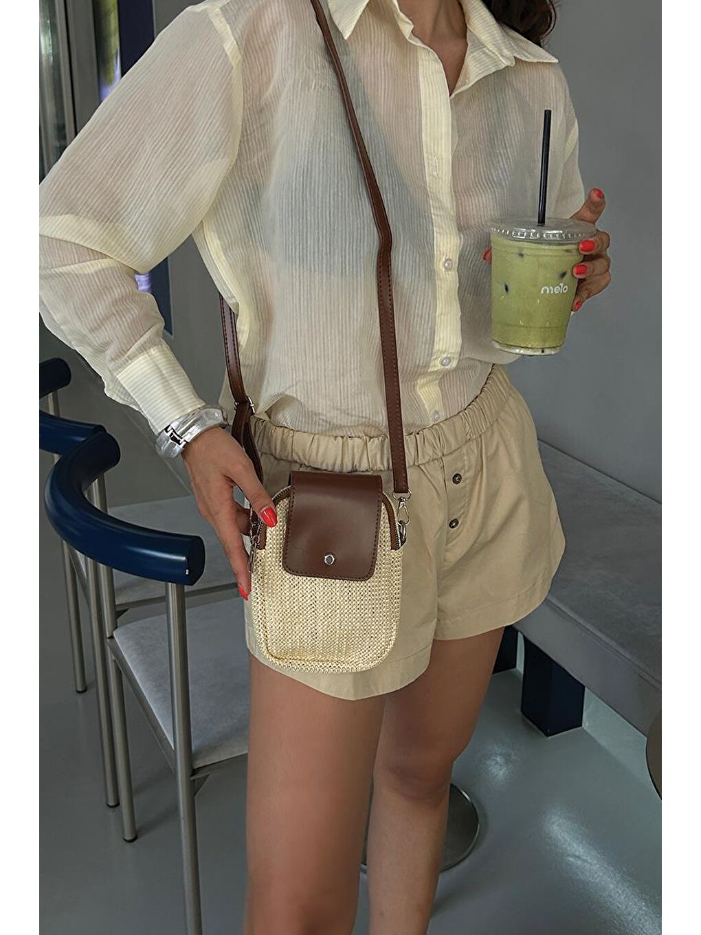 Kahverengi Vexa Hasır Görünümlü Çapraz Çanta Fındık Kabuğu-6