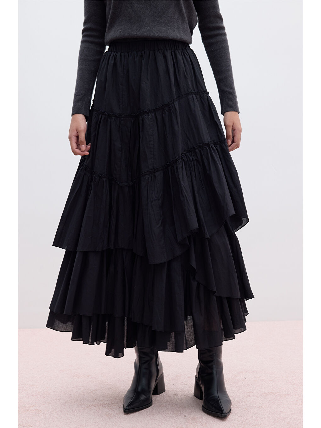 Katlı Boho Vual Etek Siyah-5