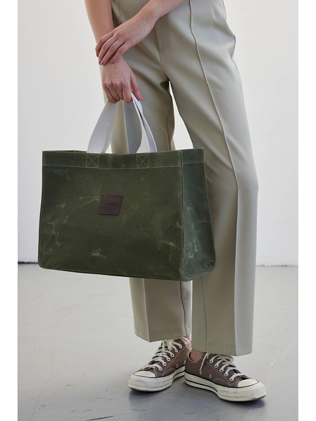 Yıkama Efektli Large Kanvas Çanta Askeri Yeşil-1