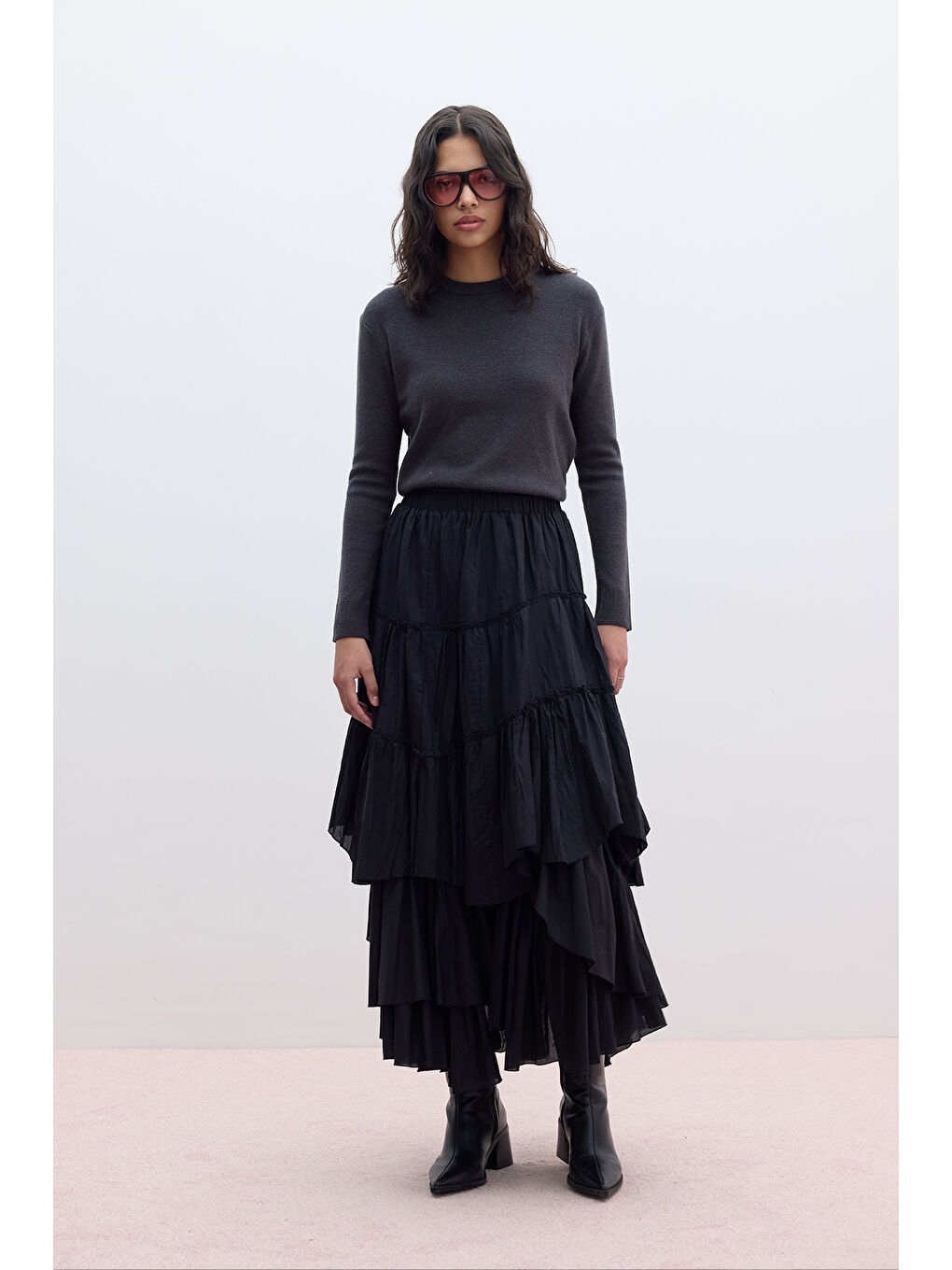 Katlı Boho Vual Etek Siyah-6