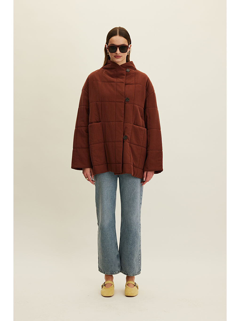 Turuncu Yüksek Yaka Kapitone Mont Bakır-1