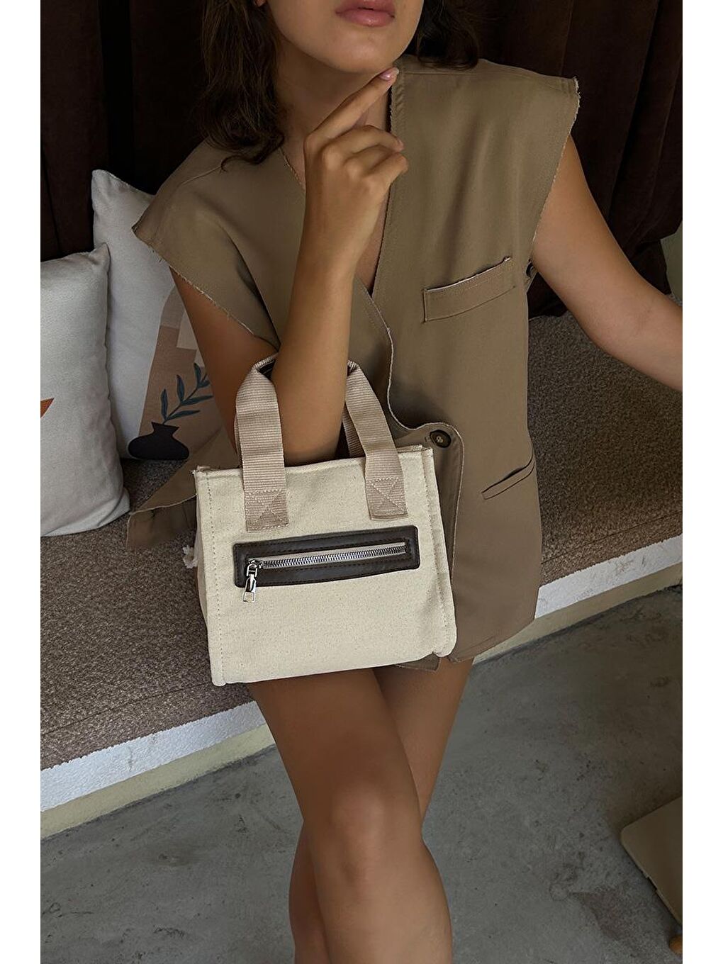 Jade Garnili Kanvas Çapraz Çanta Kahverengi-3