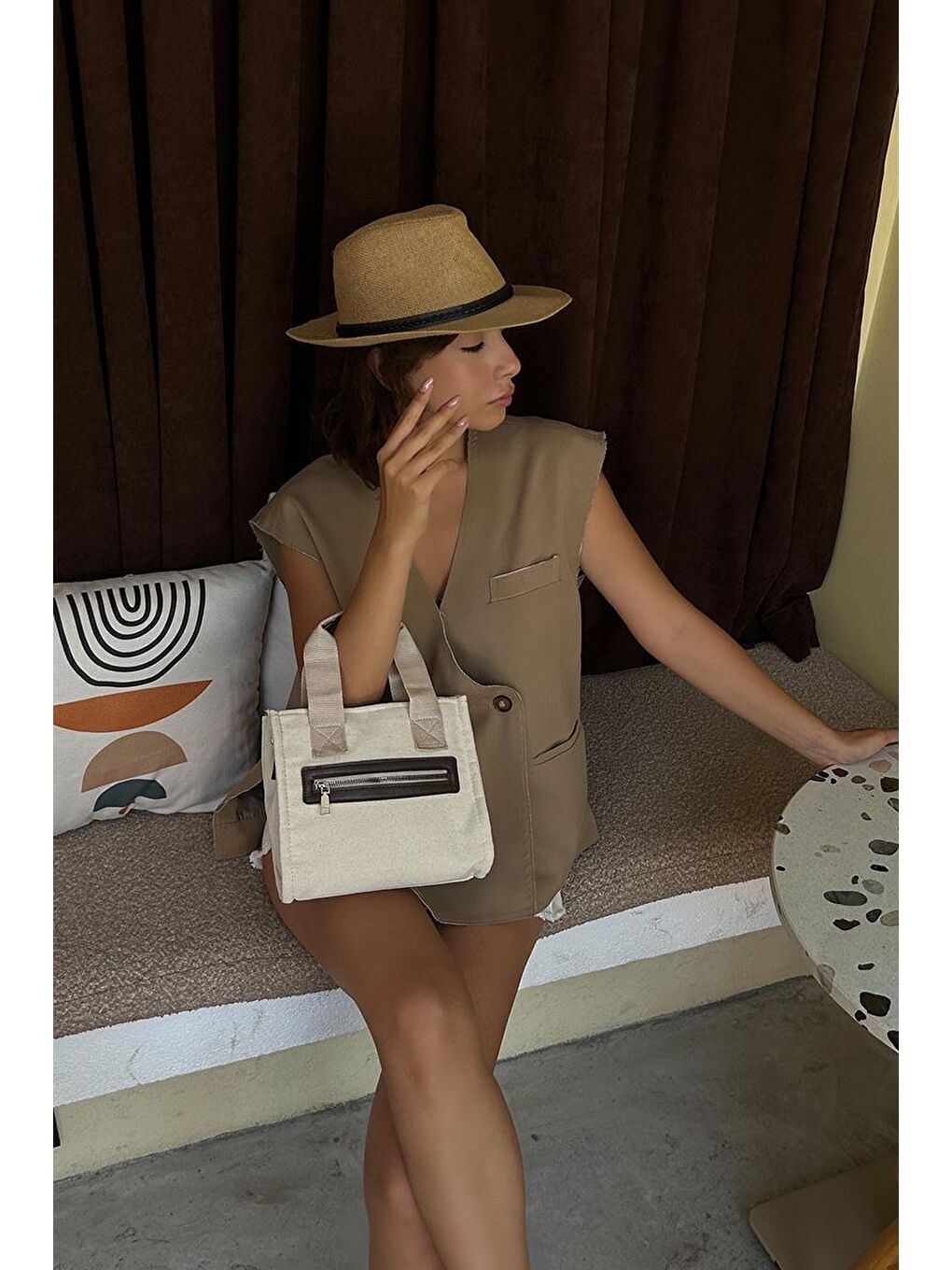 Jade Garnili Kanvas Çapraz Çanta Kahverengi-5