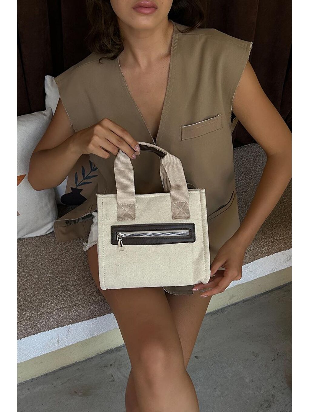 Jade Garnili Kanvas Çapraz Çanta Kahverengi-7