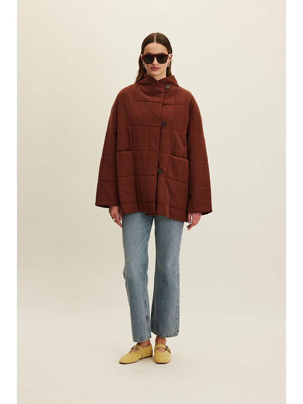 Turuncu Yüksek Yaka Kapitone Mont Bakır-3