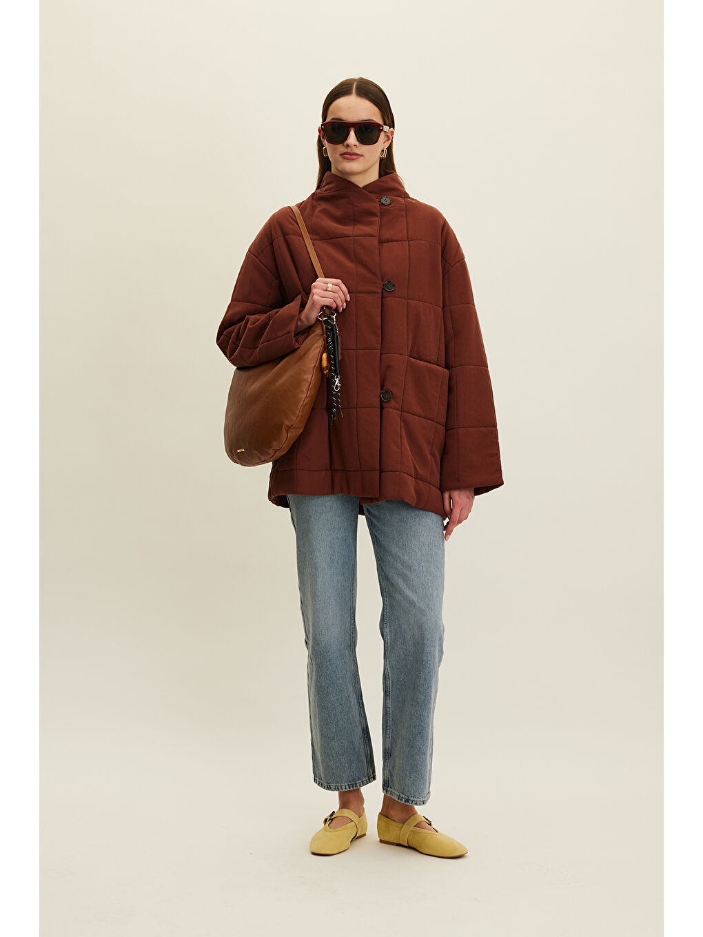 Turuncu Yüksek Yaka Kapitone Mont Bakır-4