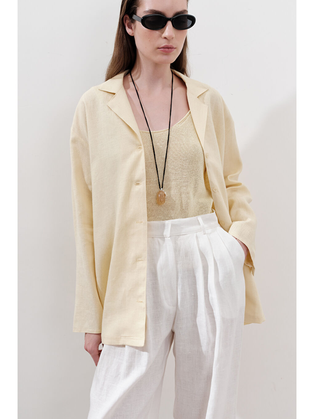 Keten Geniş Kollu Gömlek Sarı-2