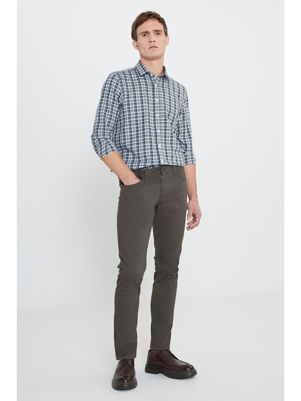 Erkek Haki Pamuklu Slim Fit Dar Kesim 5 Cep Armürlü Esnek Casual Pantolon