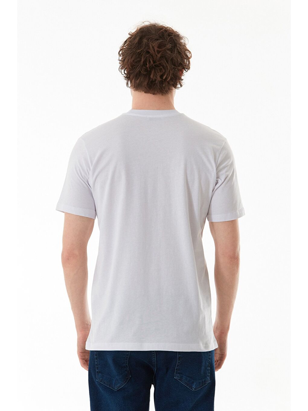 Beyaz Baskılı Bisiklet Yaka %100 Pamuk Tişört-3