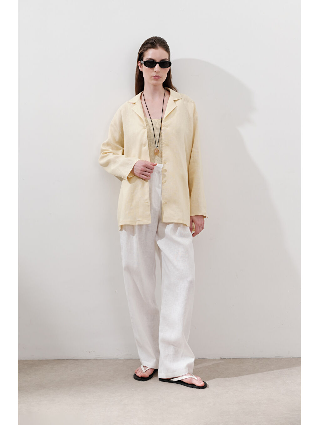 Keten Geniş Kollu Gömlek Sarı-3