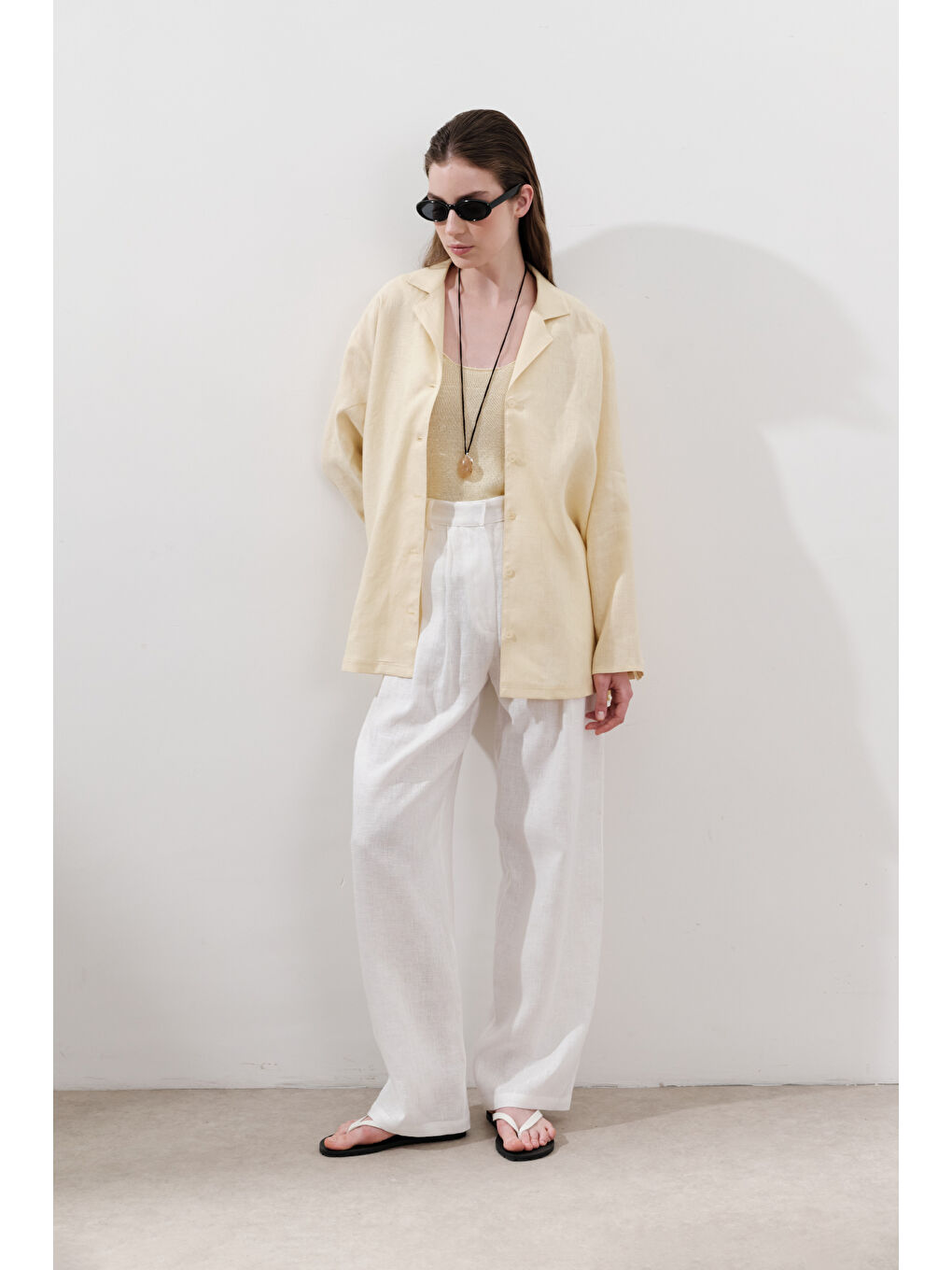 Keten Geniş Kollu Gömlek Sarı-4