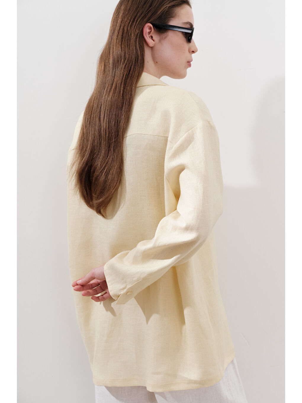 Keten Geniş Kollu Gömlek Sarı-5