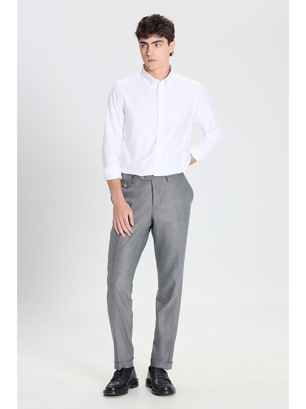 Erkek Gri Yünlü Slim Fit Dar Kesim Beli Gizli Lastikli Yan Cep Esnek Klasik Pantolon