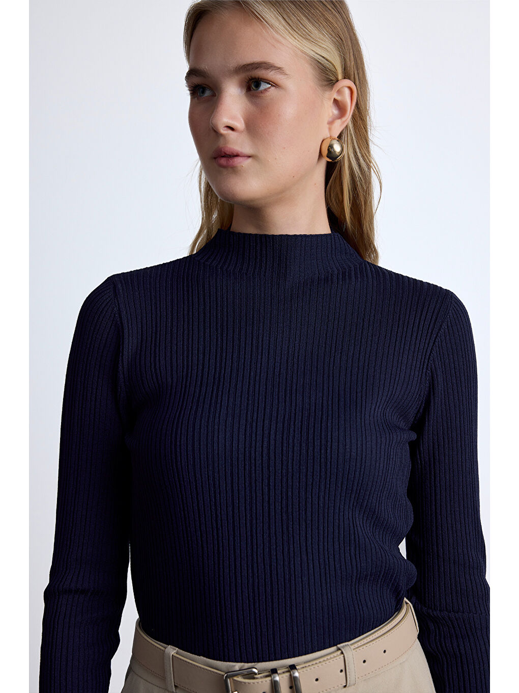 Yüksek Yaka Triko Bluz Lacivert-1