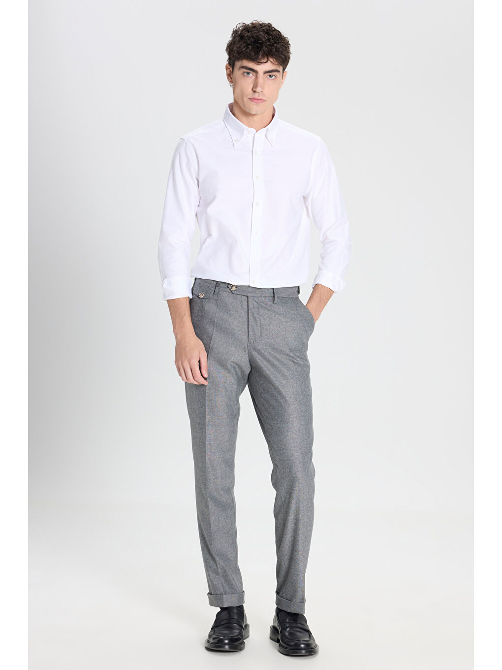 Erkek Gri Yünlü Slim Fit Dar Kesim Beli Gizli Lastikli Yan Cep Esnek Klasik Pantolon-1